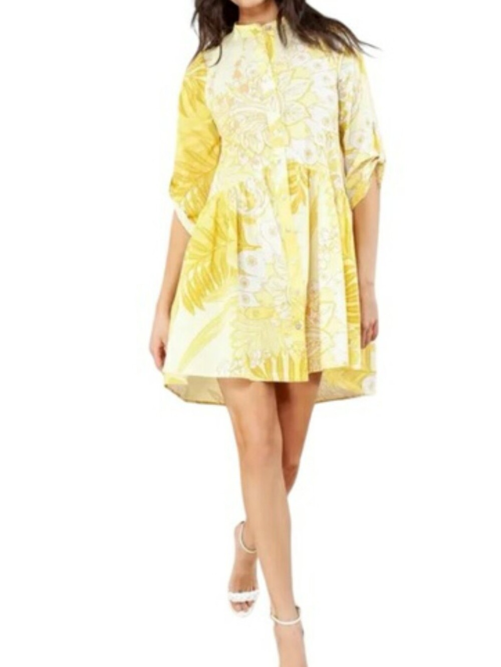 Hale Bob Yellow Tropical Floral Cotton Tiered Mini Dress Size Medium